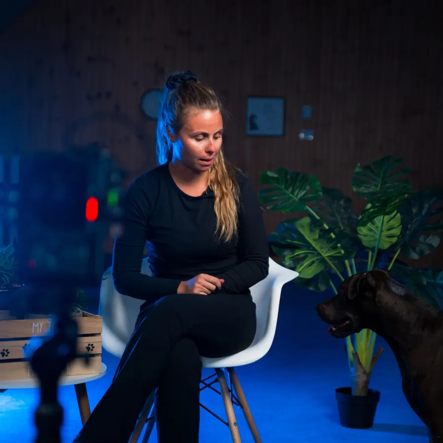 Entrevue en studio sous éclairage bleu, avec un chien à côté de la personne interviewée