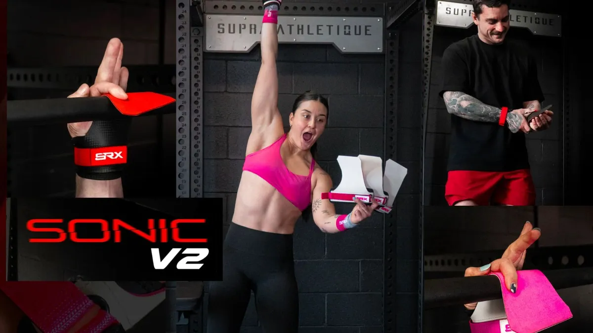 Lancement des grips Sonic V2 de SRX, athlète en rose devant un rack Supra Athlétique